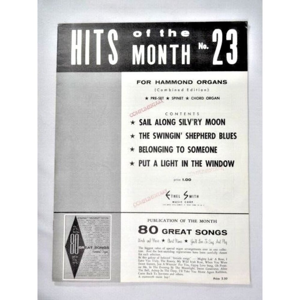 Sheet Music Hits Of The Month No. 23 For Hammond Organs Vintage 1958 Ethel Smith